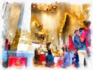 Fototapeta na wymiar Ancient golden Buddha statue in Bangkok watercolor style illustration impressionist painting.