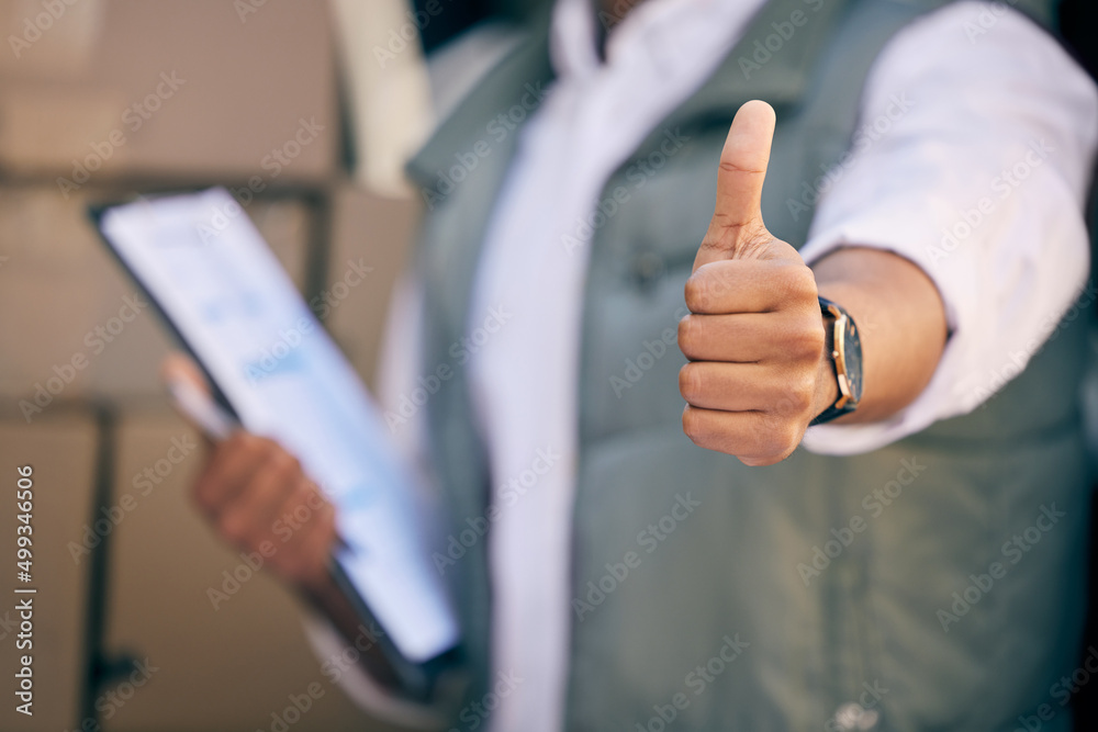 Poster fast delivery is our promise. shot of a delivery man showing thumbs up and holding a clipboard.