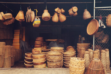 Bamboo handicraft products to maintain a traditional handicraft in a countryside of Vietnam. 