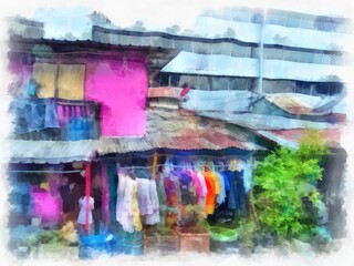 slum house landscape watercolor style illustration impressionist painting.