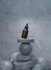 Fototapeta na wymiar Dropper glass bottle of cosmetic on nature podium with plant scene ,3d rendering.