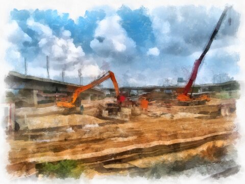 construction site watercolor style illustration impressionist painting.