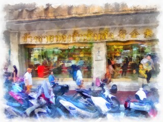 street landscape in bangkok watercolor style illustration impressionist painting.