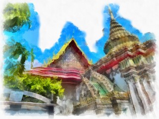Obraz premium Landscape of ancient architecture in Bangkok watercolor style illustration impressionist painting.