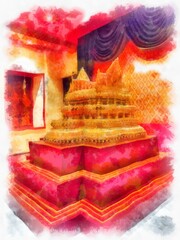 Landscape of ancient architecture in Bangkok watercolor style illustration impressionist painting.
