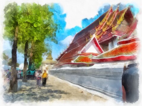 Landscape of ancient architecture in Bangkok watercolor style illustration impressionist painting.