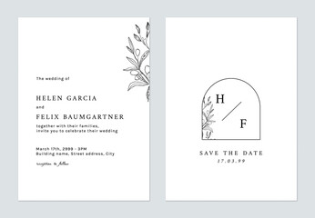 Floral wedding invitation card template design, line art leaves on white