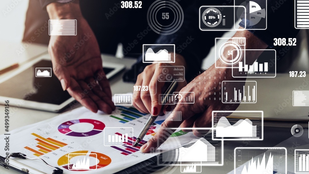 Poster conceptual business dashboard for financial data analysis . 3d render computer graphic .