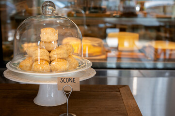 English Style Scones on a white cake stand.