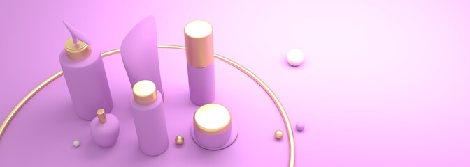 Set of containers for cosmetology products and abstract geometry shapes. 3D render