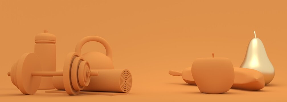 Gym training and home exercising and fitness equipment. Dumbbells, bob, yoga mat and bottle. Tools for healthy lifestyle and fruits collection. Apple, banana and pear. 3D render