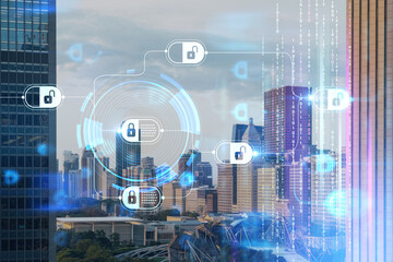 Aerial city panorama of Chicago downtown area and Millennium Park at day time, Illinois, USA. Birds eye view of skyscrapers. Decentralized economy. Blockchain, cryptography concept, hologram