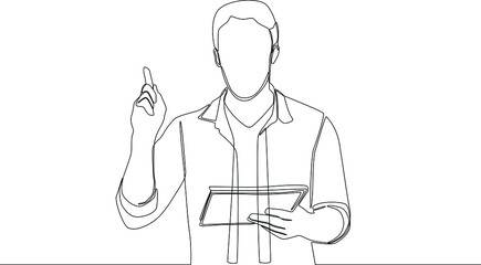 Continuous one line drawing Portrait of Young businessman standing presentation and showing index finger sign on hand with tablet. Single line draw design vector graphic illustration.