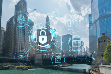 Panorama cityscape of Chicago downtown and Riverwalk, boardwalk with bridges at day time, Chicago, Illinois, USA. The concept of cyber security to protect companies confidential information