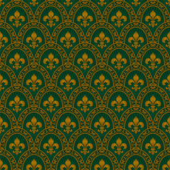 Fleur De Lys Seamless Pattern. Vector background in gold and green color. - 499350539