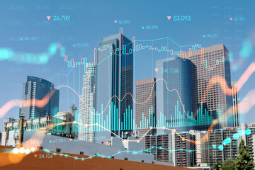 Fototapeta na wymiar Panorama cityscape of Los Angeles downtown at day time, California, USA. Skyscrapers of LA city. Glowing forex graph hologram. The concept of internet trading, brokerage and fundamental analysis