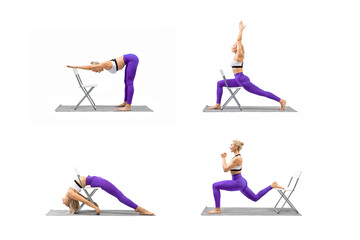 Set of workout with a props. Attractive athletic caucasian woman practice yoga, fitness and stretching using chair, 4 exercises collage, isolated on white.