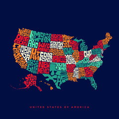 USA map typography. United States of America map typography art. UAS Map lettering with all states name.