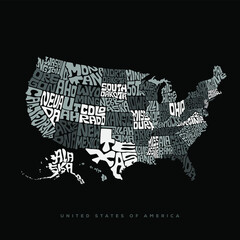 USA map typography. United States of America map lettering in black and white.