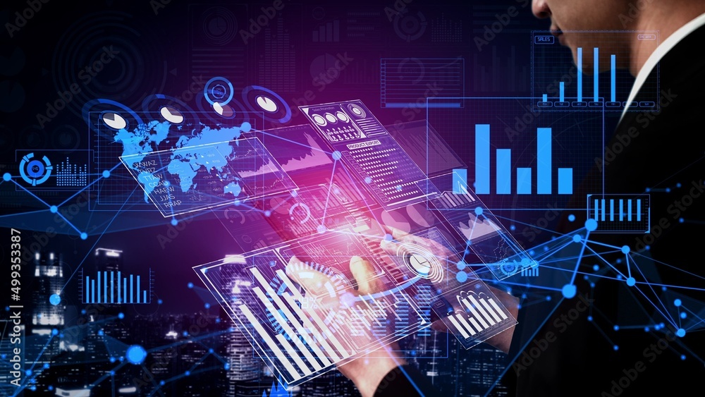 Poster conceptual business dashboard for financial data analysis . 3d render computer graphic .