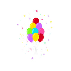 Happy birthday feast, birthday party, many colorful balloons, flat vector illustration and icons