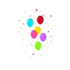 Happy birthday feast, birthday party, many colorful balloons, flat vector illustration and icons