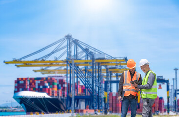 Engineer wearing uniform inspection and see detail on tablet with logistics container dock cargo yard with working crane bridge in shipyard with transport logistic import export background. - obrazy, fototapety, plakaty