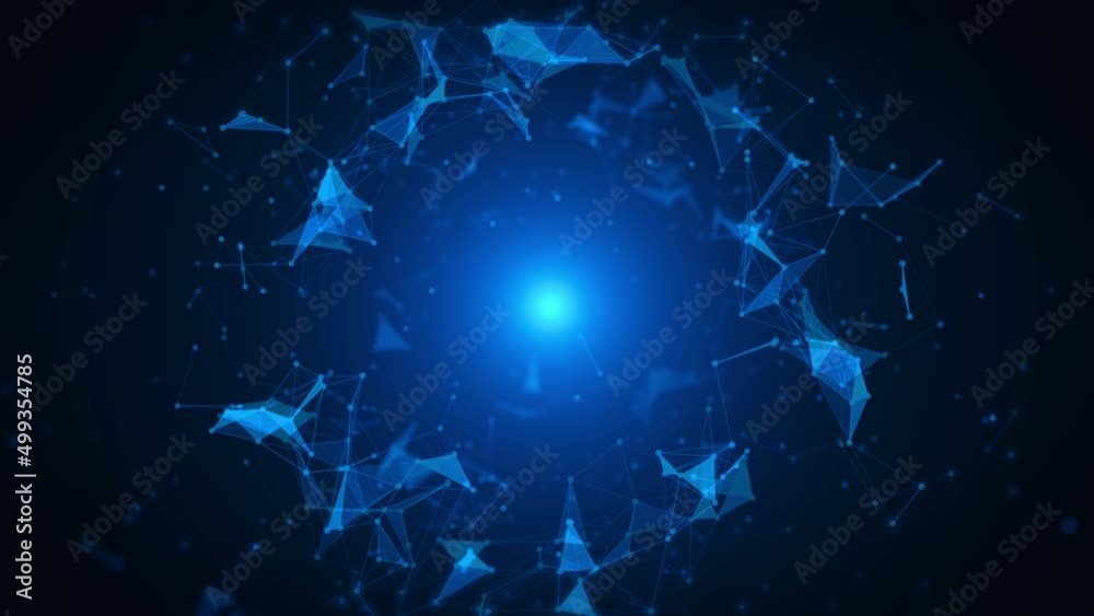 Poster Digital Technology Circle Tunnel Gate Polygon Plexus Data Network Simulation 4K Motion Background. Blue Scientific Geometric Structure Seamless Loop.