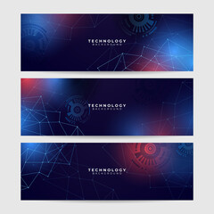 Set of blue futuristic science technology network particles waves lines mesh AI banner background. Vector abstract graphic design banner pattern background web template.