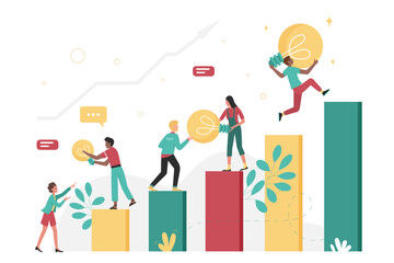 Business people climb up financial chart steps with light bulbs in hands. Cartoon tiny partners upgrade work with creative ideas, teamwork of persons flat vector illustration. Growth, progress concept