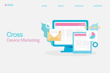 Cross device marketing, programmatic remarketing campaign, improve conversion strategy, business communication technology, flat design web banner template.
