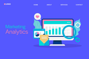 Marketing analytics software dashboard with data, statistics and information on screen, business report, email financial audit concept, flat design web banner template.