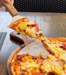 Delicious  pizza, Italian Food on the terrace closeup