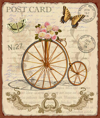 Vintage postcard with flowers,butterfly and old bicycle.