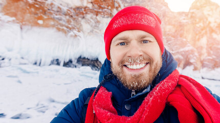 Fototapeta na wymiar Banner extreme travel, Happy tourist man with ice on mustache background frozen Baikal lake in winter on sunny day