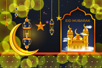 Ramadan Karim eid Mubarak luxury Islamic greeting background with golden lantern and stars