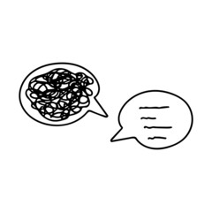 Confused messed up thoughts bubble line art icon. Depressed mental state before therapy, healing with therapist help