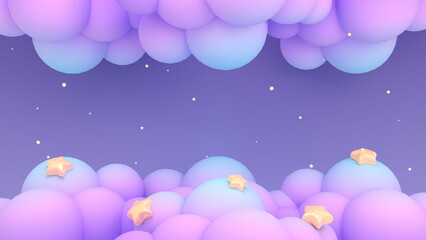 3d rendered pastel purple gradient color clouds with yellow stars sky.