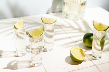 Mexican Gold Tequila with lime and salt on white background with shadows and copyspace.