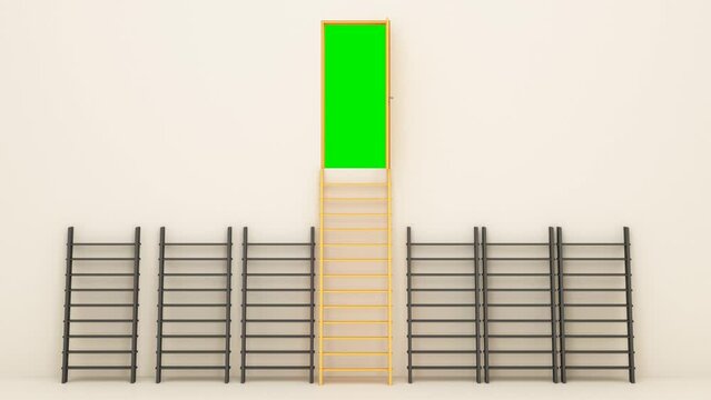 yellow door of success with a green screen, ladder leaning against the wall. that requires more effort than other stairs Concept of commitment and goals in business with copy space realistic 3d render