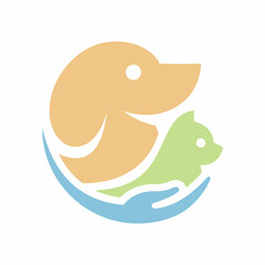 Pet care logo with dog, cat, and hand vector template