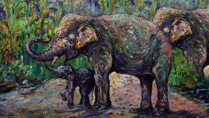 Art painting Oil color Elephant family thailand , nature , Countryside , rural
