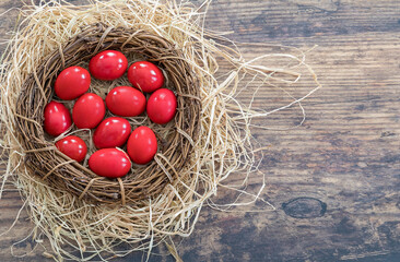 Red Eggs. Flatlay. Isolated. Copy Space. Eastern Orthodox Easter  eggs painted red the traditional...