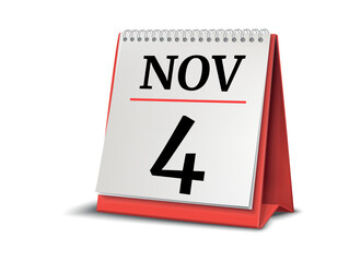 Calendar on white background. 4 November. 3D illustration.