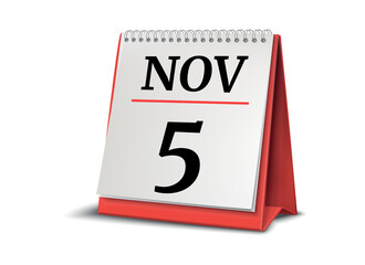 Calendar on white background. 5 November. 3D illustration.