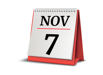 Calendar on white background. 7 November. 3D illustration.