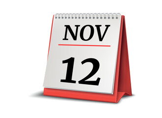 Calendar on white background. 12 November. 3D illustration.