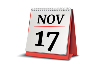 Calendar on white background. 17 November. 3D illustration.