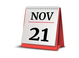 Calendar on white background. 21 November. 3D illustration.