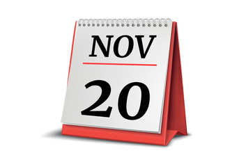 Calendar on white background. 20 November. 3D illustration.
